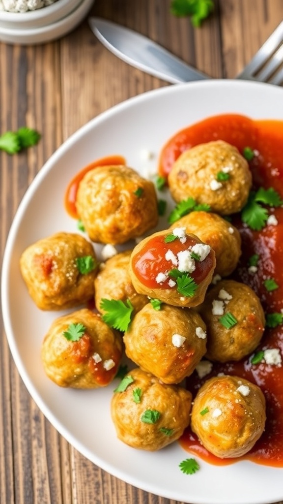 Turkey feta meatballs on a plate with marinara sauce and parsley garnish.